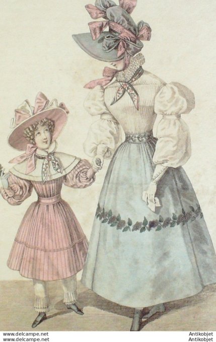 Gravure de mode Costume Parisien 1828 n°2608 Robes mousseline & batiste canezou
