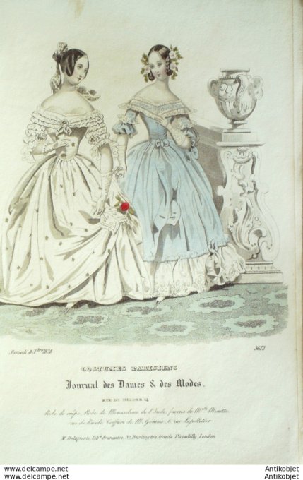 Gravure de mode Costume Parisien 1838 n°3612 Robes de crêpe et mousseline