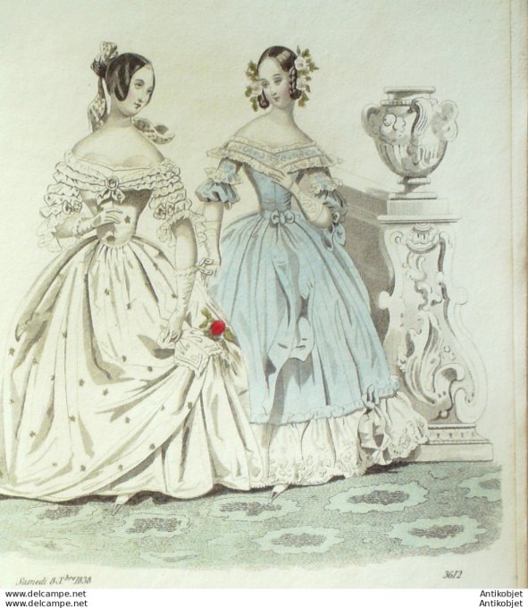 Gravure de mode Costume Parisien 1838 n°3612 Robes de crêpe et mousseline