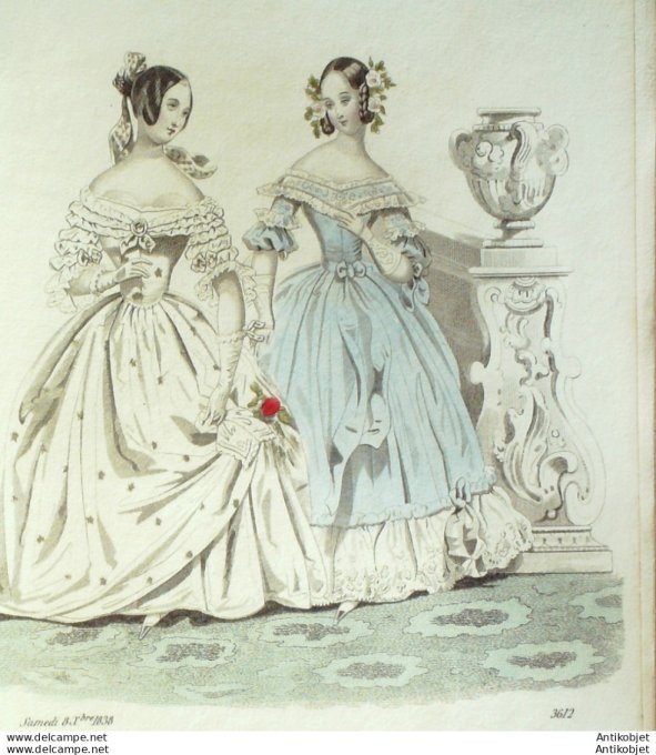 Costume Parisien 1838 # 3612 Robes de crêpe et mousseline