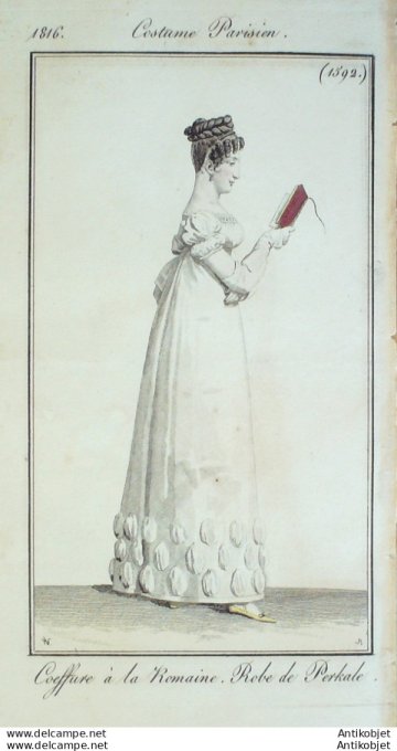 Gravure de mode Costume Parisien 1816 n°1592 Robe perkale