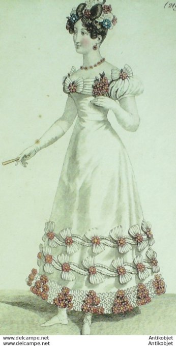 Gravure de mode Costume Parisien 1823 n°2198 Robe tulle garnie de fleurs