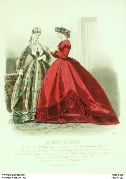 Gravure Les Modes Parisiennes 1863 #1086 Robes velours madras Maison Ghys