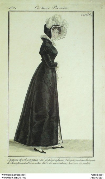 Gravure de mode Costume Parisien 1821 n°2036 Redingote velours et satin