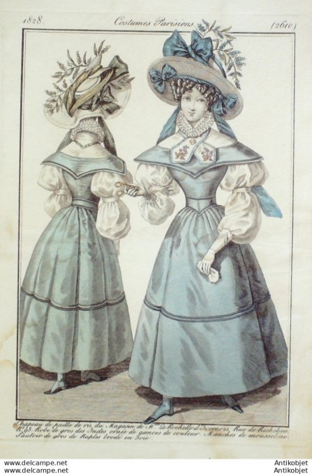 Gravure de mode Costume Parisien 1828 n°2610 Robe gros des Indes  ornée de gances