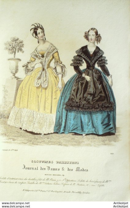 Gravure de mode Costume Parisien 1838 n°3613 Robes mousseline