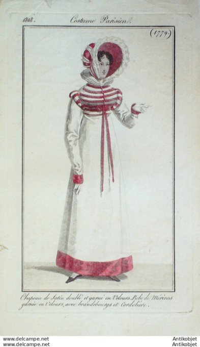 Gravure de mode Costume Parisien 1818 n°1779 Robe de mérinos et brandebourgs