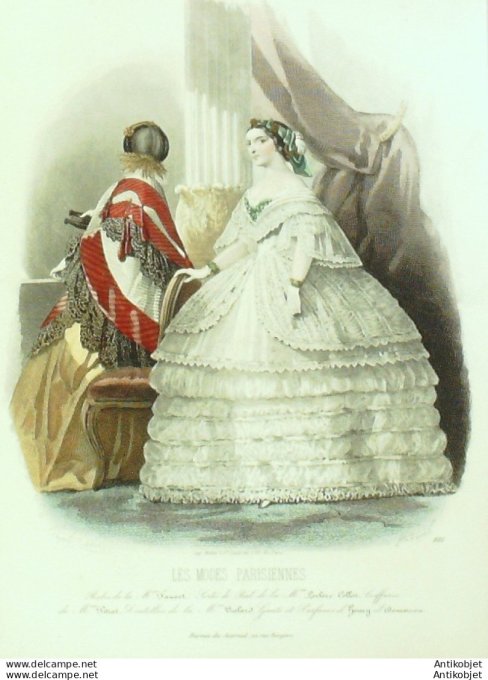 Gravure Les Modes Parisiennes 1860 # 881 Robes de cérémonie Maison Fauvet