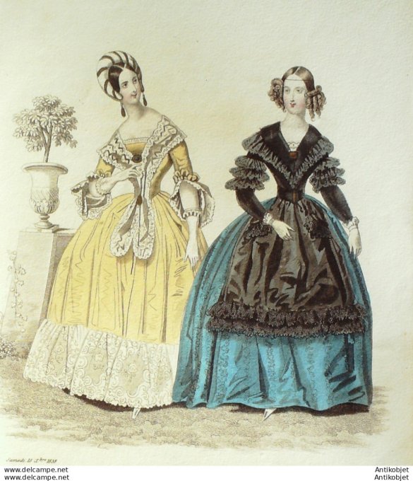 Gravure de mode Costume Parisien 1838 n°3613 Robes mousseline