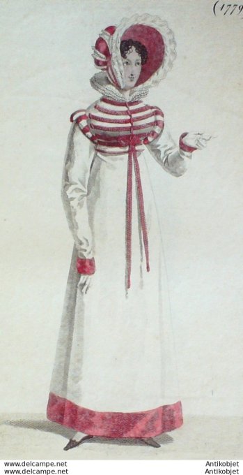 Gravure de mode Costume Parisien 1818 n°1779 Robe de mérinos et brandebourgs
