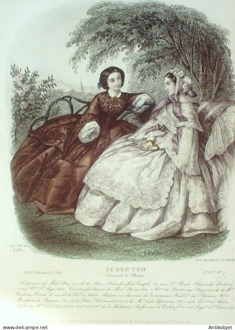 Gravure Mode Le Bon Ton 1858 24 #  7 (aquarelle old fashion plate)