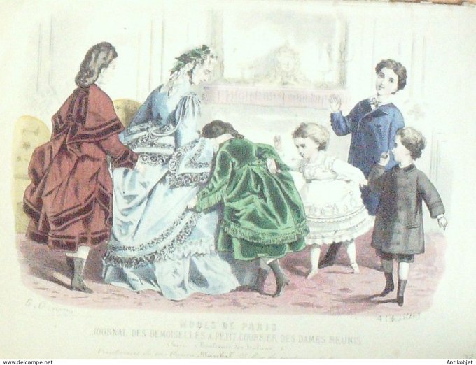Gravure de mode Courrier des dames réunis 1851 n°3836 Costumes enfants