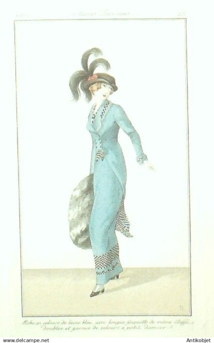 Gravure Costume Parisien 1912 # 23 Sesboue Suzanne (eau forte) Robe velours