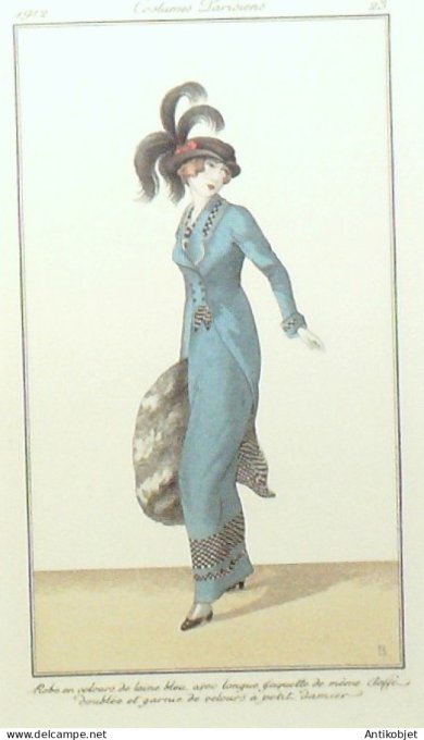Gravure de mode Costume Parisien 1912 pl.23 SESBOUE Suzanne Robe velours