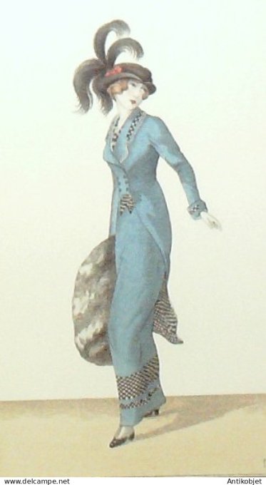 Gravure de mode Costume Parisien 1912 pl.23 SESBOUE Suzanne Robe velours