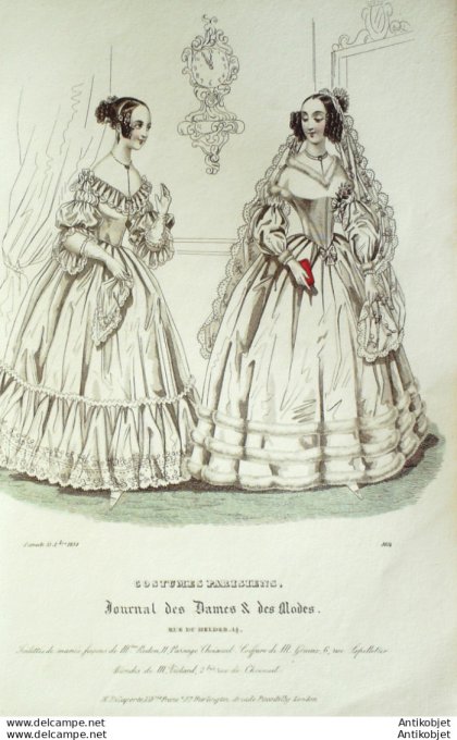 Gravure de mode Costume Parisien 1838 n°3614 Robes de mariée ornée de dentelle