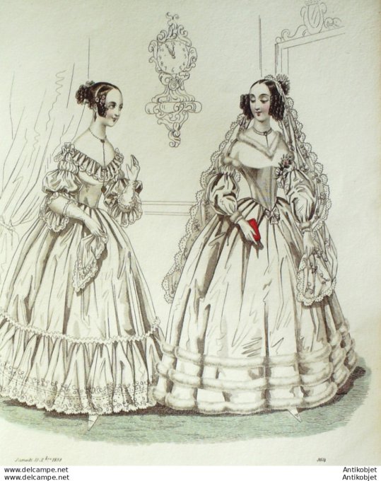 Gravure de mode Costume Parisien 1838 n°3614 Robes de mariée ornée de dentelle