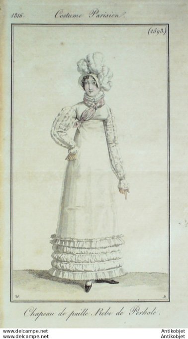 Gravure de mode Costume Parisien 1816 n°1593 Robe perkale