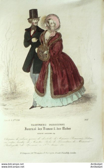 Gravure Mode Costume Parisien 1838 # 3611 (eau forte old Fashion plate