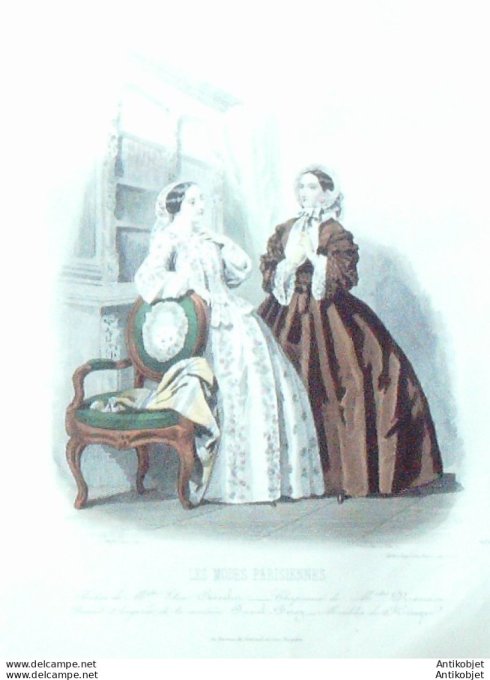 Gravure Les Modes Parisiennes 1850 # 602 Robes tissu Maison Chevalier