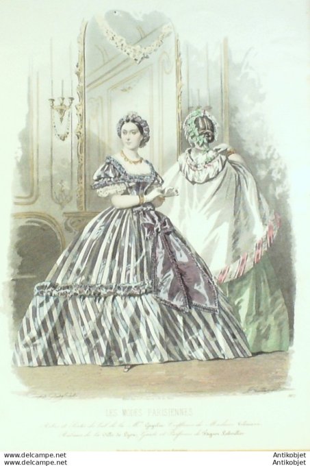 Gravure Les Modes Parisiennes 1860 # 882 Robes de bal Maison Gagelin