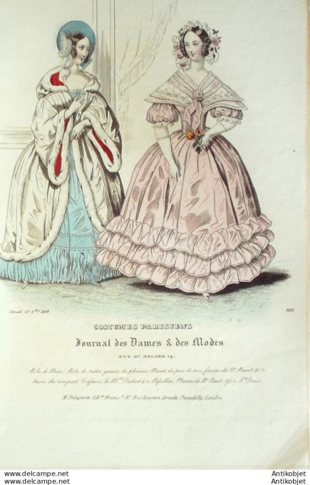 Gravure de mode Costume Parisien 1838 n°3615 Robes de moire et satin
