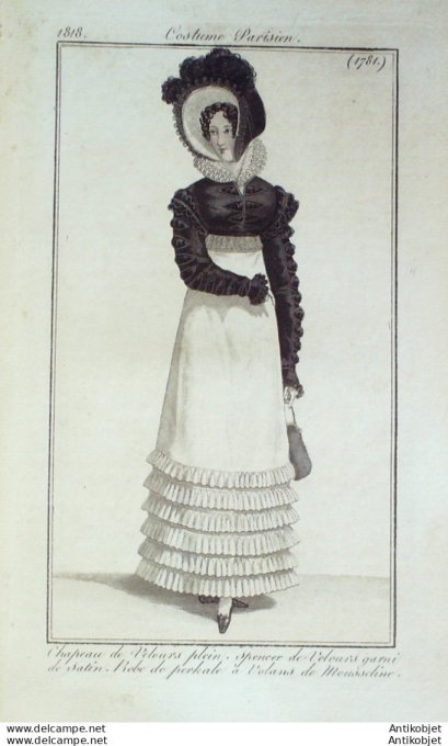 Gravure de mode Costume Parisien 1818 n°1781 Robe perkale & mousseline