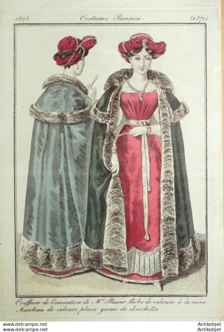 Gravure de mode Costume Parisien 1825 n°2371 Robe manteau velours & Chinchilla