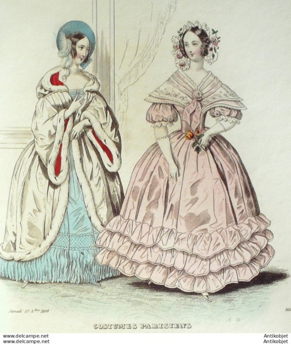 Gravure de mode Costume Parisien 1838 n°3615 Robes de moire et satin