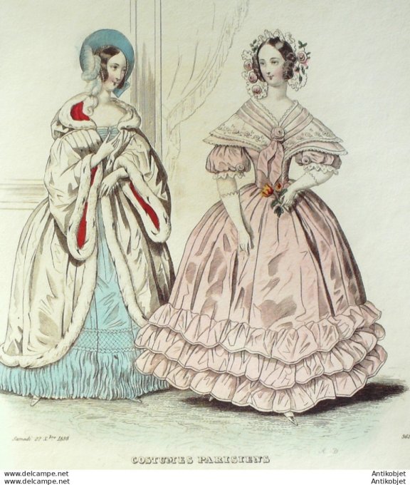 Costume Parisien 1838 # 3615 Robes de moire et satin