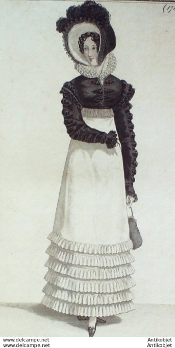 Gravure de mode Costume Parisien 1818 n°1781 Robe perkale & mousseline