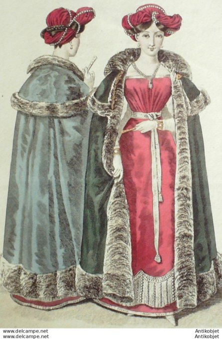 Gravure de mode Costume Parisien 1825 n°2371 Robe manteau velours & Chinchilla