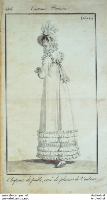 Gravure de mode Costume Parisien 1816 n°1594 Chapeau de paille et plumes