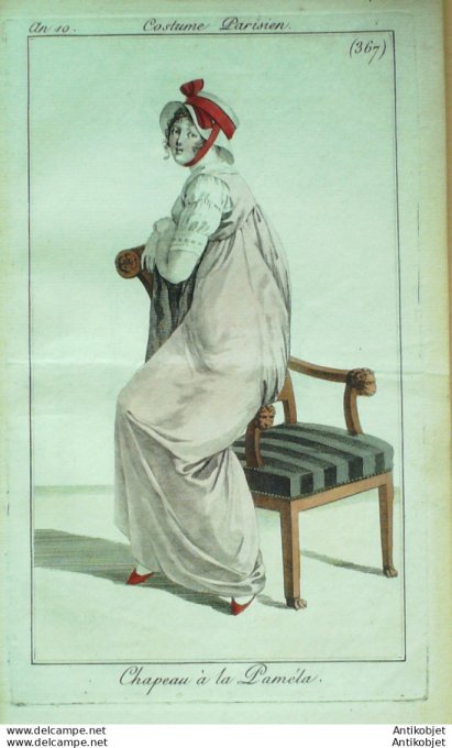 Gravure de mode Costume Parisien 1802 n° 367 (An 10) Chapeau à la Paméla