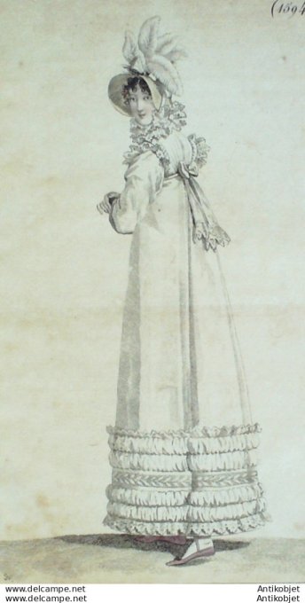 Gravure de mode Costume Parisien 1816 n°1594 Chapeau de paille et plumes