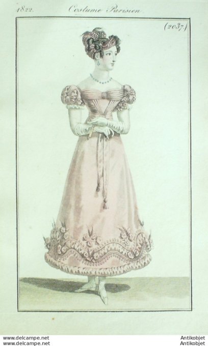 Gravure de mode Costume Parisien 1822 n°2037 Robe mousseline garnie