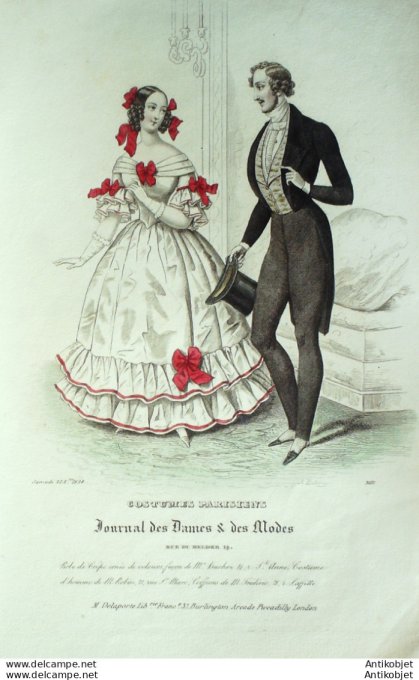 Gravure de mode Costume Parisien 1838 n°3616 Robe de crêpe costume homme