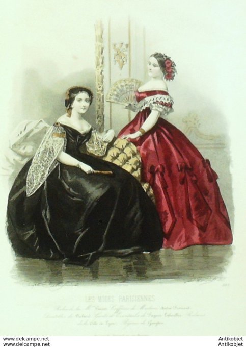 Gravure Les Modes Parisiennes 1860 # 883 Robes de soirées Maison Fauvet
