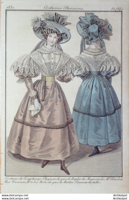 Gravure de mode Costume Parisien 1830 n°2784 Robe gros de Berlin  Canezou de tulle