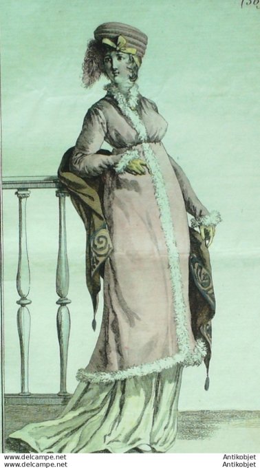 Gravure de mode Costume Parisien 1802 n° 369 (An 10) Chapeau Polonais de satin