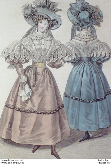 Gravure de mode Costume Parisien 1830 n°2784 Robe gros de Berlin  Canezou de tulle