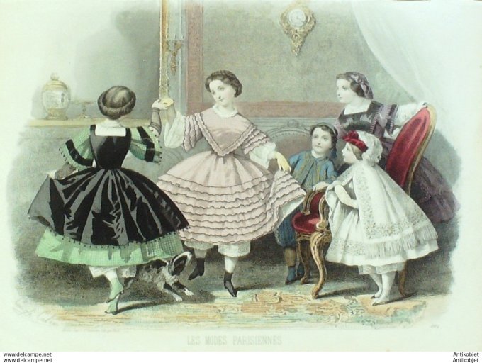 Gravure Les Modes Parisiennes 1860 # 884 Costumes enfants Maison Royer