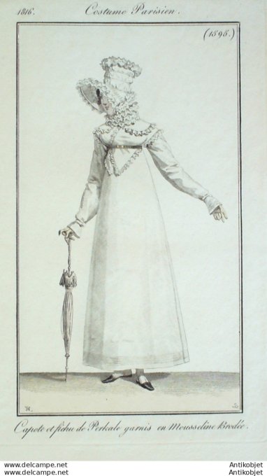 Gravure de mode Costume Parisien 1816 n°1595 fichu de perkale & mousseline