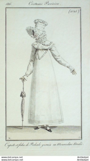 Costume Parisien 1816 # 1595 fichu de perkale & mousseline