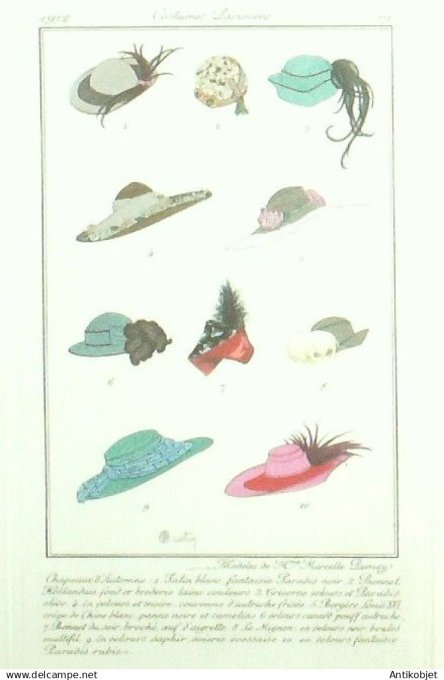 Gravure Costume Parisien 1912 # 19 Martin Charles (eau forte) Chapeaux Bergère Bonnet