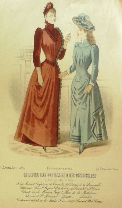 Gravure Mode Conseiller des Dames 1889 # 12 (aquarellee Old Fashion plate)  