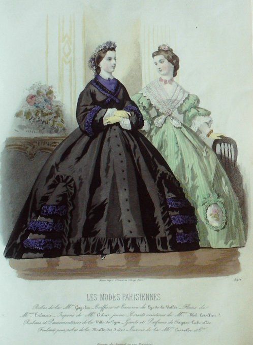 Gravure Les Modes Parisiennes 1862 #1001 Robes en Crêpe Maison Gagelin