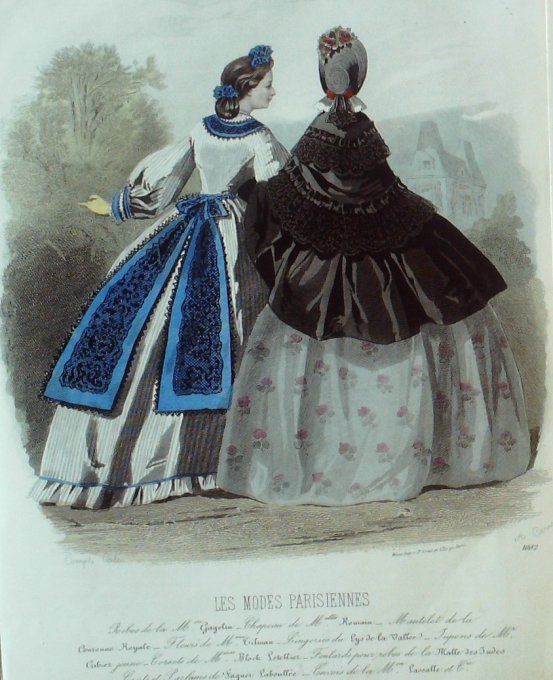 Gravure Les Modes Parisiennes 1862 #1002 Robes Gros de Naples Maison Gagelin