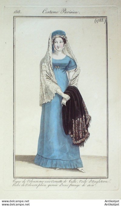 Gravure de mode Costume Parisien 1818 n°1783 Robe velours garnie d'une frange de soie