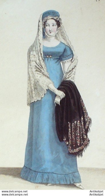 Gravure de mode Costume Parisien 1818 n°1783 Robe velours garnie d'une frange de soie